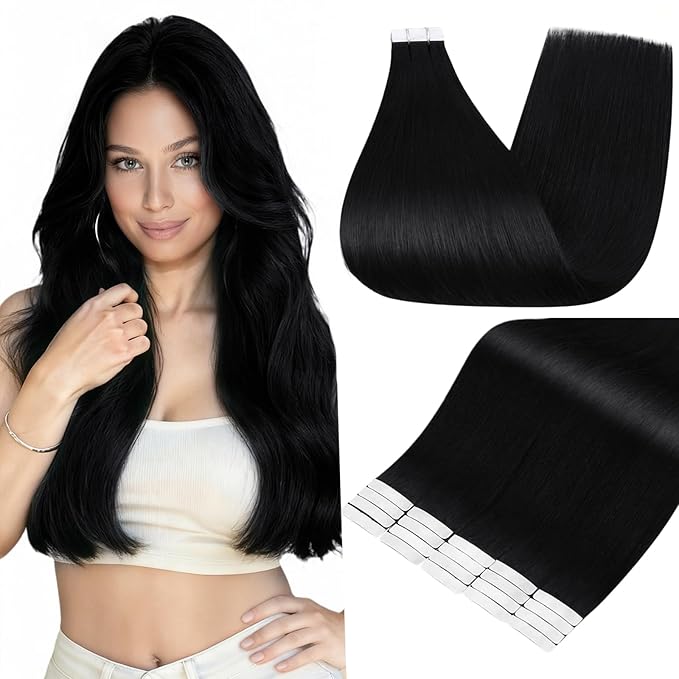 Full Shine Hair Extensions Tape in 20 Inch Color 1 Jet Black Natural Seamless Skin Weft Tape in Hair Extensions Human Hair 20PCS Invisible Remy Extensions for Women Real Hair 50 Grams