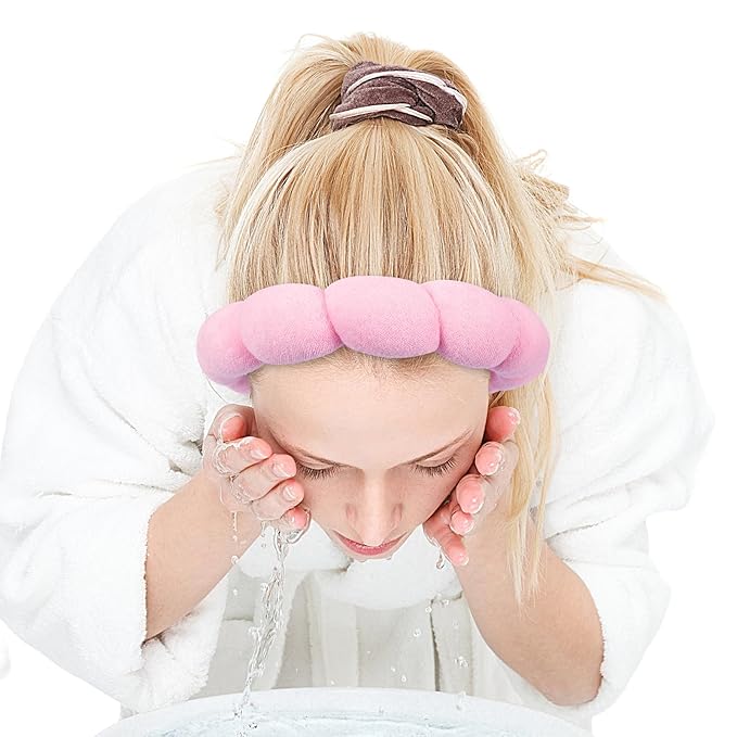 Zkptops Spa Headband for Washing Face Wristband Set Sponge Makeup Skincare Headband Terry Cloth Bubble Soft Get Ready Hairband Women Girl Puffy Padded Headwear Non Slip Thick Hair Accessory(Pink-2)
