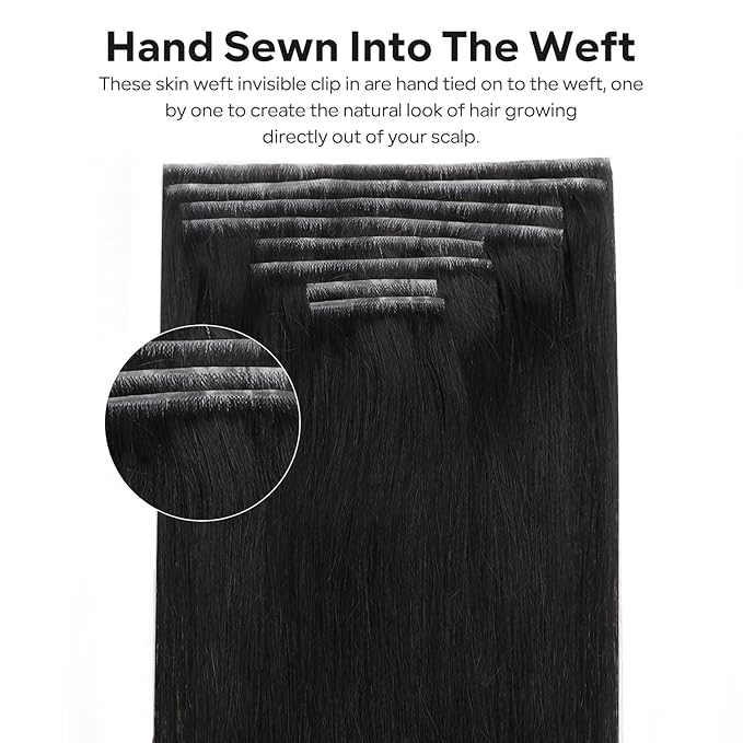 Injected Clip in Hair Extensions Real Human Hair Invisible Hand-Tied Weft Hair Extensions Clip in Human Hair Straight Seamless Clip ins for Women 8Pcs 120g 16inch #1B Natural Black
