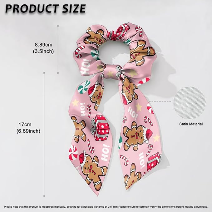 Xmas Candy Cane Pack Of 2 Knotted Bow Hair Scrunchies Gingerbread Man Ponytail Holder Ladies Pink Ribbon Scrunchy Accessory for Christmas