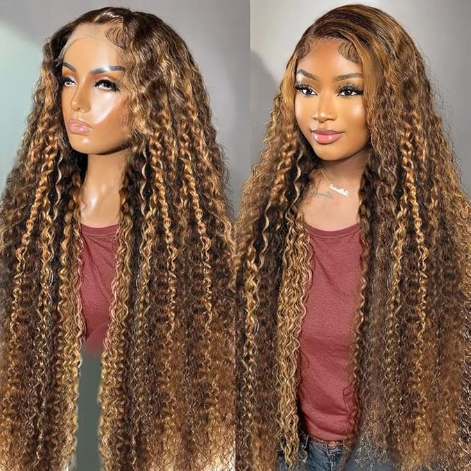 Highlight Ombre 13x6 Lace Front Wig Human Hair 210 Density 18 Inch Deep Wave Honey Blonde Glueless HD Transparent Lace Frontal Wigs for Women