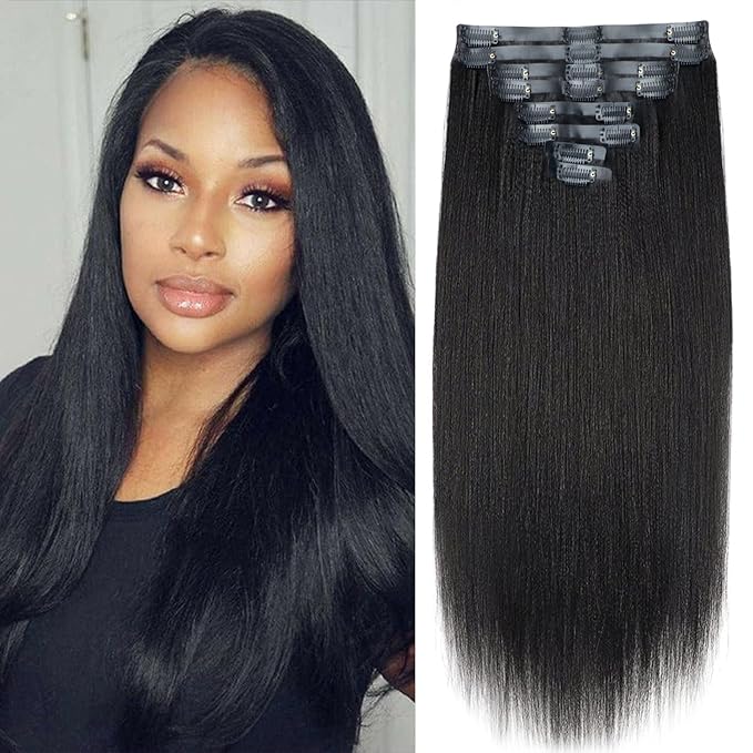 14 Inch Seamless PU Yaki-Straight Clip in Hair Extensions Real Human Hair For Women Affordable Invisible Yaki Straight Clip ins Hair (14inch,#1B)