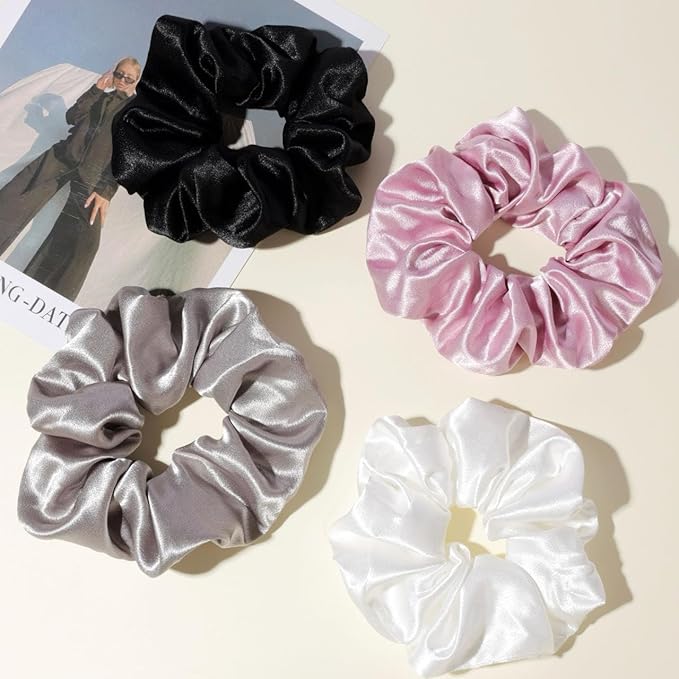 4PCS Big Satin Silk Scrunchies for Women Thick Hair, 6.3Inches Extra Large Scrunchy Oversized Thick Elastic Hair Ties Bands Ponytail Holders Jumbo Scrunchies (Black White Pink Silvergray)