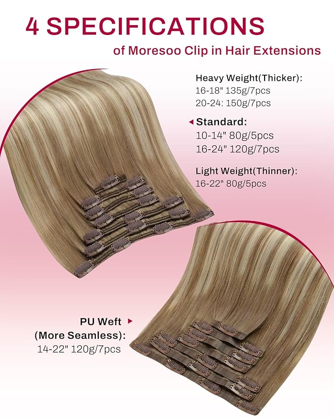 Moresoo Seamless Clip in Hair Extensions Human Hair Ombre Light Brown Mixed Golden Blonde Balayage Human Hair Seamless Clip in Extensions PU Weft 7pcs/120g 16inch