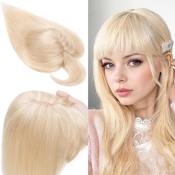 SEGO 100% Real Human Hair Toppers, with Air Bangs, Silk Base 150% Density, Clip in Topper, 2.7”x5.1”, HairPieces for Women, with Thinning/Hair Loss Cover Gray