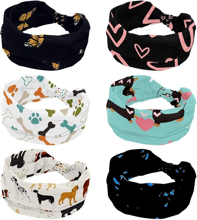 6 Pcs Stretchy Headbands for Women, Absorbed Sport Headband Soft Twist Knotted Headbands for Daily Life Yoga Workout, Dogs Collection Multi Animal