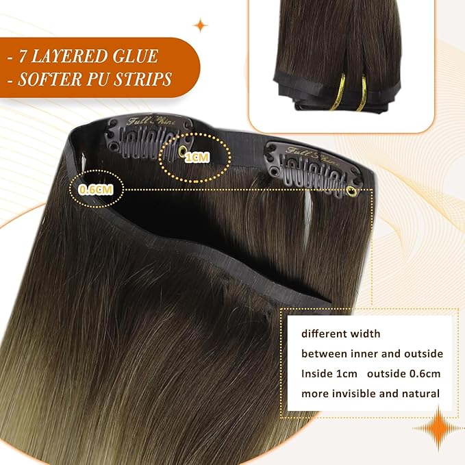 Full Shine Ombre Clip in Hair Extensions 12 Inch Dark Root Brown to Platinum Blonde Real Human Hair with PU Weft Seamless Hair Extensions 8 PCS 95 Grams