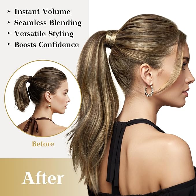 Ve Sunny Hair Extensions Ponytail Real Human Hair Wrap Around Clip in Ponytail Hair Extensions Straight Extensions Human Hair for Women Medium Brown Highlighted Caramel Blonde 22inch 80G 80G