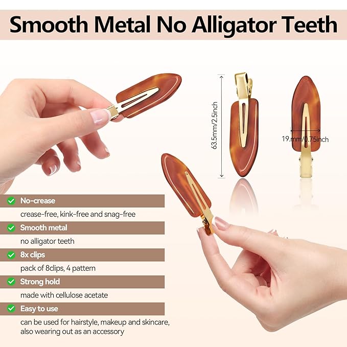 8 Pcs No bend Hair Clips No Crease Makeup Duckbill Clip No Dent Creaseless Flat Alligator Hair Barrettes for Salon Hairstyle Women Girls Accessories Cellulose Acetate(Caramel)