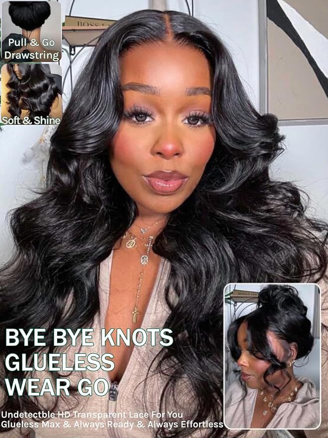 KLAIYI Loose Body Wave Pre Everything Glueless 13x4Lace Front Wig Human Hair Drawstring Precut Lace Pre Plucked Bleached Bye Bye Knots 3S Ready to Wear and Go Wig with Face Framing Curtain Bang 20Inch