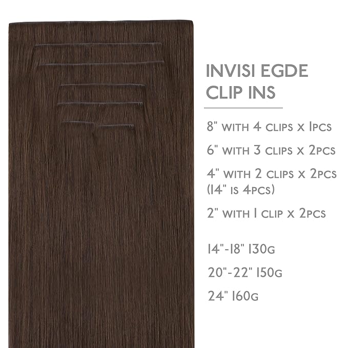 WENNALIFE Invisi Edge Clip in Hair Extensions, Real Human Remy Hair, 16 Inch 130g 7pcs Chocolate Brown Seamless Clip in Extensions, Invisible PU Skin Weft Extensiones De Cabello Hmano
