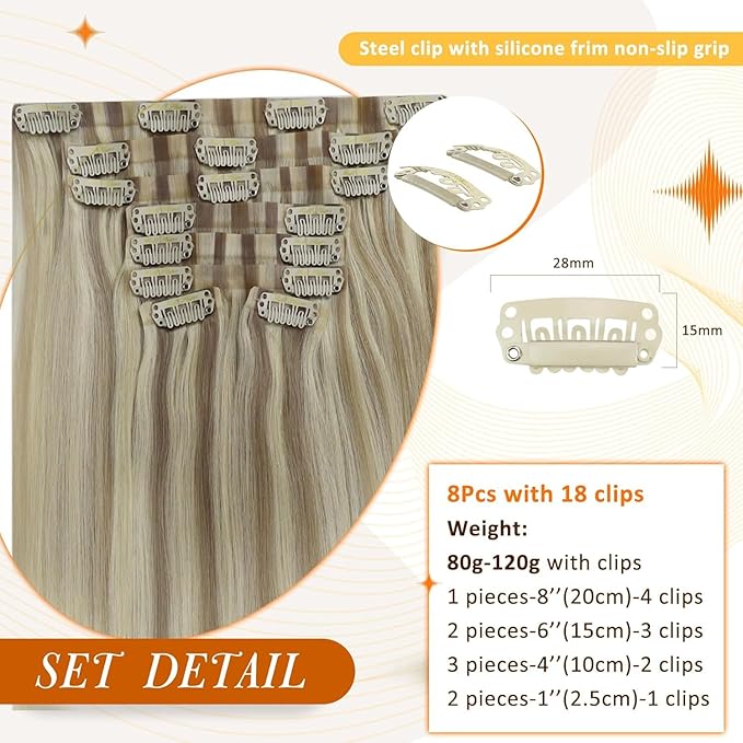 Full Shine Clip in Human Hair Extensions 22 Inch Ash Blonde Balayage Light Blonde Mix Platinum Blonde Real Hair Clip in Extesnions Silky Hair Extension 8 PCS 120 G