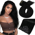 Moresoo Black Seamless Clip in Hair Extensions Real Human Hair Jet Black Human Hair Clip in Extensions 18 inch Long Thick for Women to Add Volume 135g 7pieces Pu Skin invisible