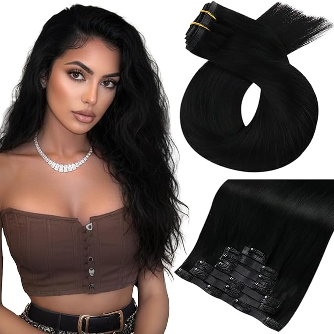 Moresoo Black Seamless Clip in Hair Extensions Real Human Hair Jet Black Human Hair Clip in Extensions 18 inch Long Thick for Women to Add Volume 135g 7pieces Pu Skin invisible