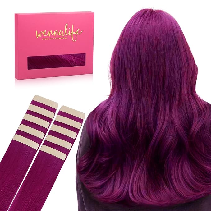 WENNALIFE Tape in Hair Extensions Human Hair Violet Tape in Extensions, 10pcs 25g 16 inch Remy Invisible Tape Ins Straight Colored Soft Real Human Hair Tape in Extensions Refill Set Extensions