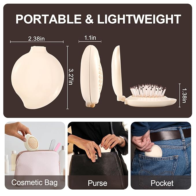 Folding Hair Brush with Mirror for Women Men and Kids，Portable Compact Hair Brush for Purse Pocket Bags, Travel Size Foldable brush with Case, Easy to Carry(Beige)