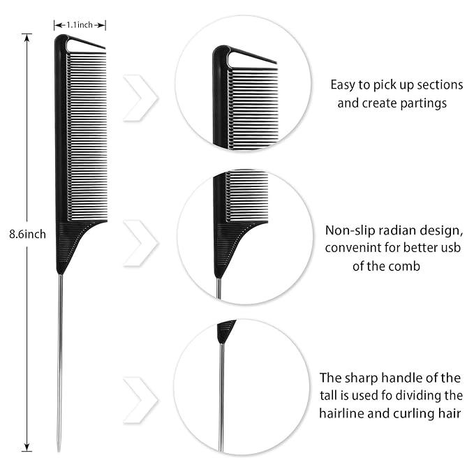 Rat Tail Teasing Comb Set with Styling Clips - 3 Steel Pin Combs, 7 Sectioning Clips for Braiding, Parting, and Salon Styling