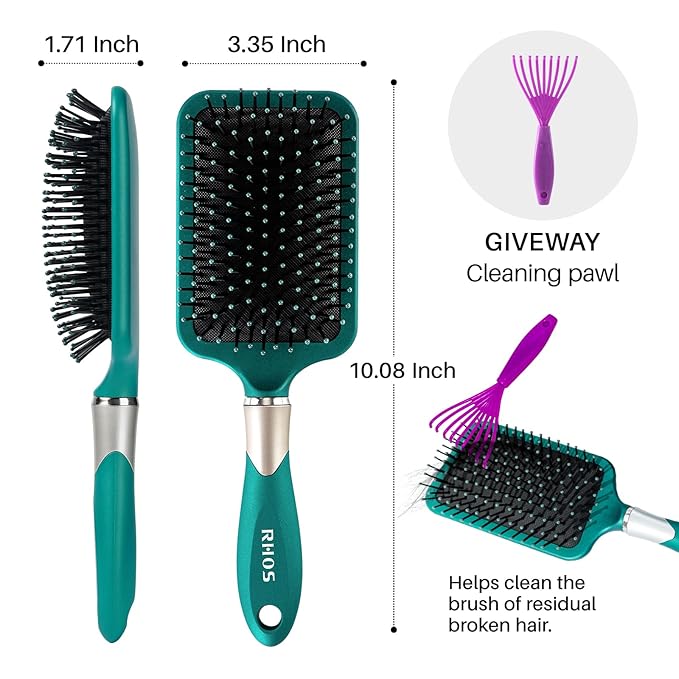 RHOS Hair Brush for Women and Men - Detangler Hair Brush with Nylon Bristles for Thick, Curly, Thin, Long, Wet & Dry Hair - Cushion Square Hair Brush for Detangling and Smoothing - 1 Pack - Green