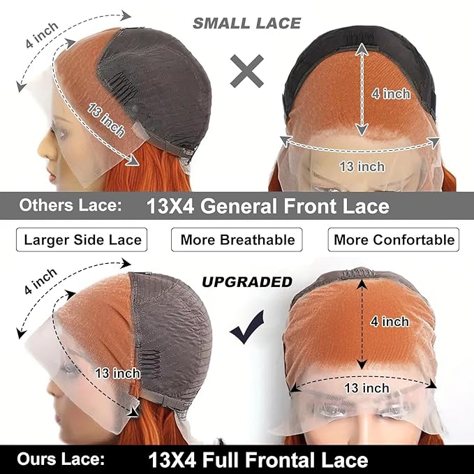 250% Density Ginger Bob Wig Human Hair 13x4 HD Lace Closure Wig Orange Bob Human Hair Wig with Baby Hair Short Straight Bob Colored Wig for Women 14 Inch