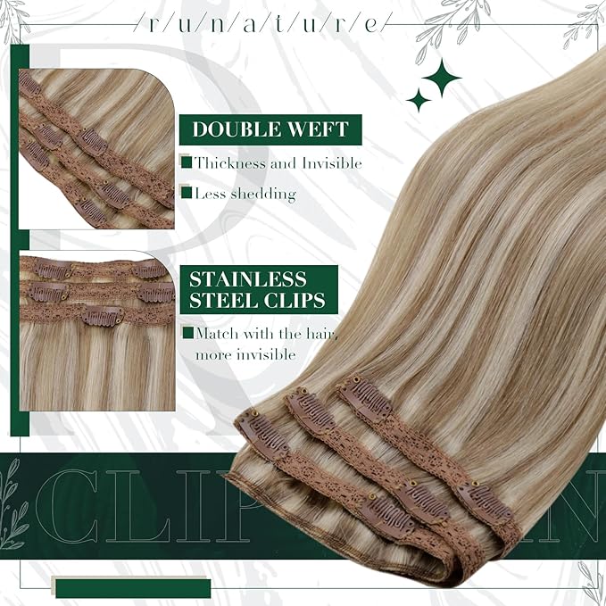 RUNATURE Blonde Clip in Hair Extensions, Real Human Hair Clip in Extensions, Short Hair Extensions Clip Ins 12 Inch, Remy Natural Hair, Add Volume, 50g 3pcs #8P60 Light Brown Highlight