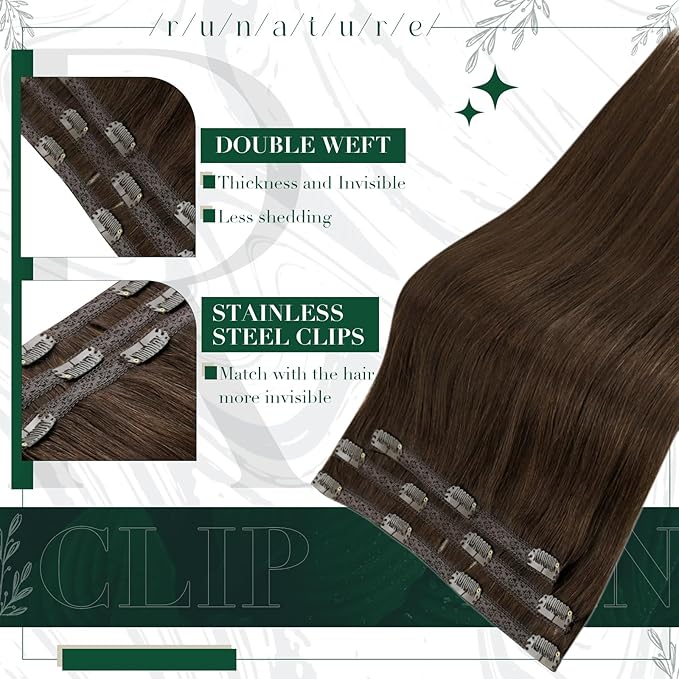 RUNATURE Real Hair Extensions Clip in Human Hair, Brown Clip in Hair Extensions for Women, Double Weft Straight Remy Extensions for Thin Hair 18 Inch 50g 3pcs #4 Medium Brown