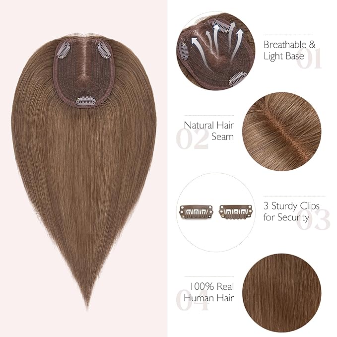Hairro 100% Human Hair Topper No Bangs, Real Clip in Hair Hairpieces for Women, 3.94x4.72" Silk Base for Thinning Receding High Hairline, 12 Inch Medium Brown Middle Part