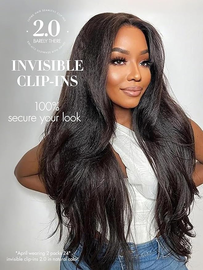 LUVME Invisible Clip in Hair Extensions, Kinky Straight Real Human Hair 14 Inch 2 Pack 220g 14pcs Clip ins Hair Extensions Natural Black for Women