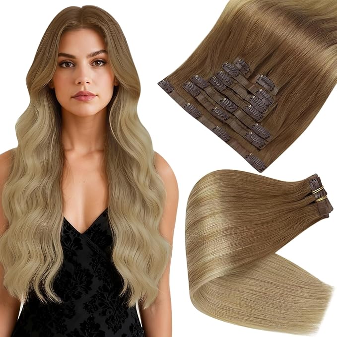 Full Shine Balayage Clip in Hair Extensions Light Brown to Blonde Clip in Human Hair Extensions PU Weft Seamless Clip ins for Women Soft Hair 18 Inch 8 PCS 120G