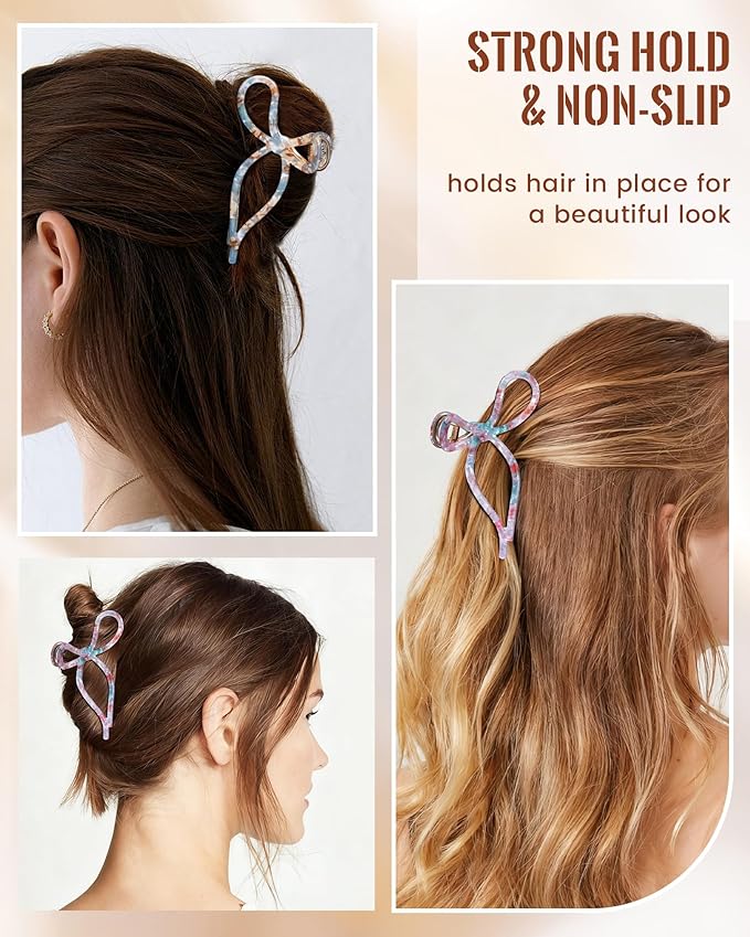 ACECHA 2 Pack Bow Hair Claw Clips for Women, 4.5" Gold Metal Hairclips for Thick Thin Hair, Large Non-slip Claws Strong Hold Styling (Floral 00)