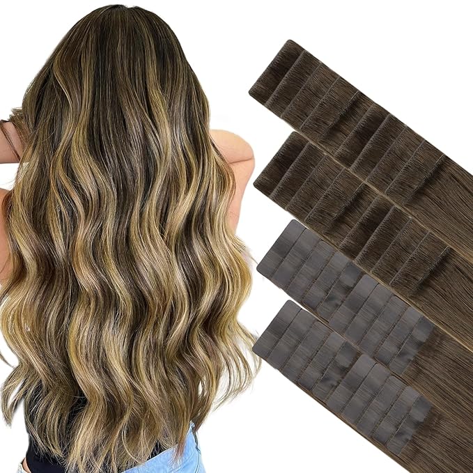 GOO GOO Invisi Edge Tape in Hair Extensions Human Hair, 4/27/4 Balayage Chocolate Brown to Caramel Blonde 20pcs injected with 20pcs classical tape ins, 22inch 100g, Virgin Remy Hair, Natural Look