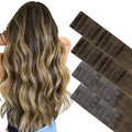 GOO GOO Invisi Edge Tape in Hair Extensions Human Hair, 4/27/4 Balayage Chocolate Brown to Caramel Blonde 20pcs injected with 20pcs classical tape ins, 18inch 100g, Virgin Remy Hair, Natural Look