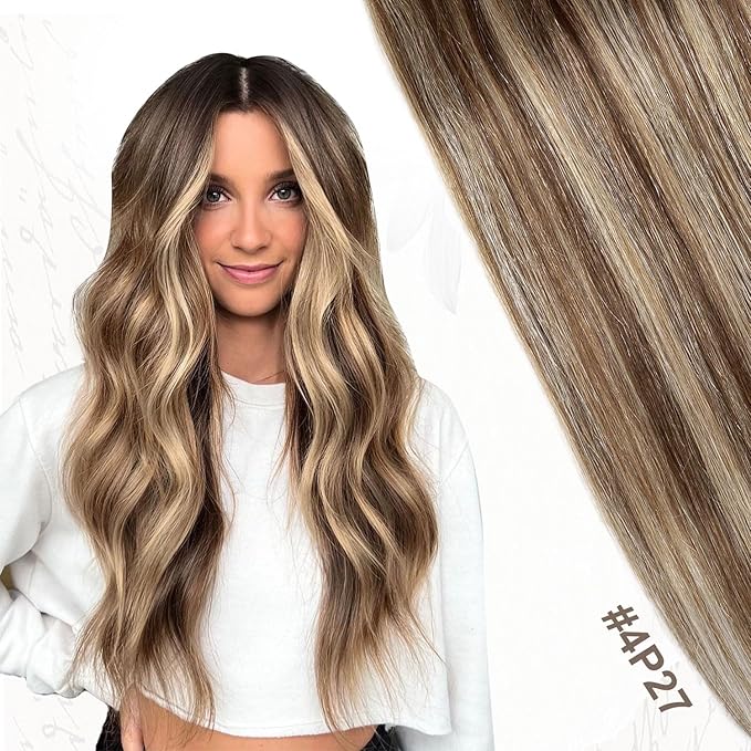XDhair Clip In Hair Extensions Human Hair 22 Inch Medium Brown #4 Mixed to Caramel Blonde #27 Clip In Extensions Real Human Hair Thick Ends Straight 120g 6pcs (#4/27,22Inch)