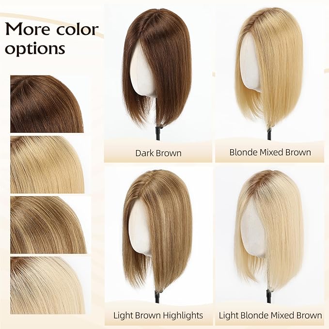 Large MONO Top Hair Toppers for Women Remy Human Hair 14 Inch 6"x7" Big Base Partial wig Cover Thinning Hair or Loss No Bangs Natural Wiglets(Dark Brown)