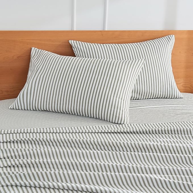 JELLYMONI 100% Natural Cotton Striped Standard Pillowcases Set, 2 Pack White and Grey Vertical Stripes Pattern Printed Pillow Covers with Envelope Closure(Pillows are not Included)