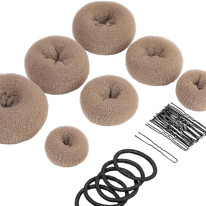 Teenitor Donut Hair Bun Maker Set, 7 Pieces Hair Bun Makers (1 extra-large, 2 large, 2 medium and 2 small), 5 pieces Hair Elastic Bands, 20 pieces Hair Pins, Tan Color