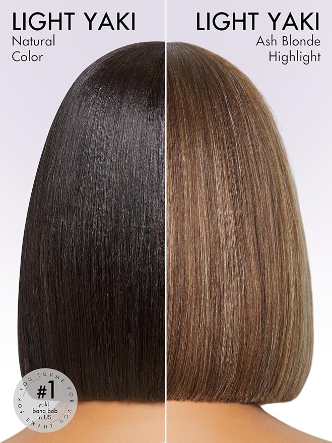 LUVME HAIR 10 Inch Yaki Straight Bob Wig with Bangs Ash Blonde Highlights Blunt Cut Bob Wig Human Hair Glueless HD Lace Bob Wig Ready to Go Short Wigs For Women 180 Density (Breathable Cap)