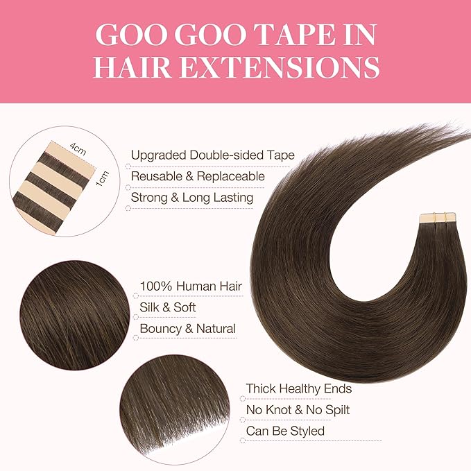 GOO GOO Tape in Hair Extensions Human Hair, 4A Chocolate Brown, 12inch 80g 40pcs, Skin Weft Seamless Invisible, Silky Straight with Thick Ends, Remy Human Hair