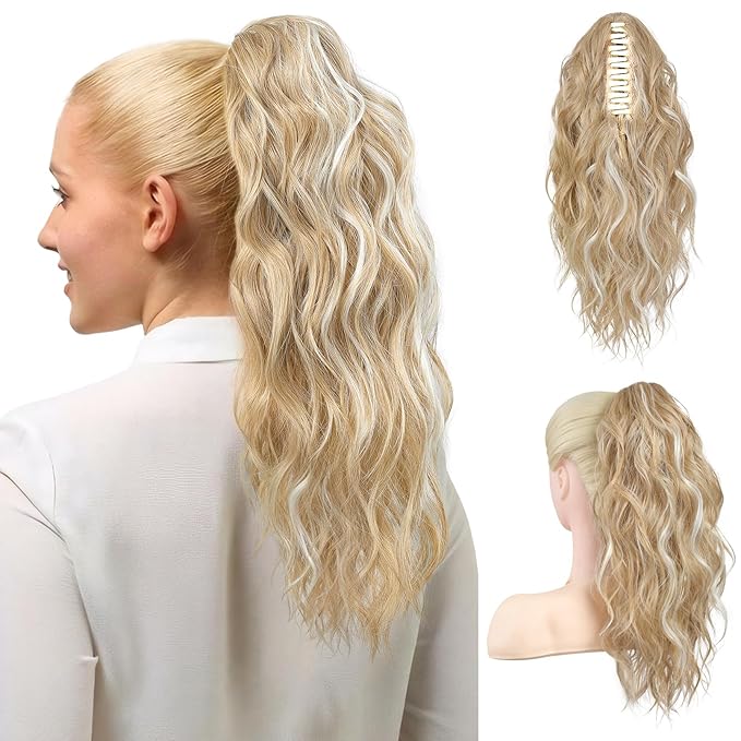 FLUFYMOOZ Ponytail Extension, 18 Inch Claw Clip Ponytail Extension, Wavy Curly Claw Clip in Ponytail Hair Extensions, Natural Fake Ponytail Synthetic Hairpiece for Women (Golden Blonde White Blonde)