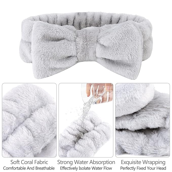 Casoty 6 Pcs Grey Spa Headband, Bow Hair Band, Soft Coral Fleece Makeup Headband, Hair Band for Washing Face, Skincare Headbands for Face Washing Shower Skin Care Yoga