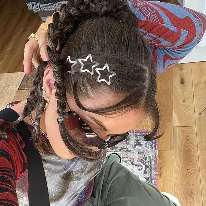 Star Hair Clips 2000s Y2K Snap Hair Barrettes Non Slip Star Hair Accessories Silver Metal Hair Clips for Girls Women -30 PCS 1.57"