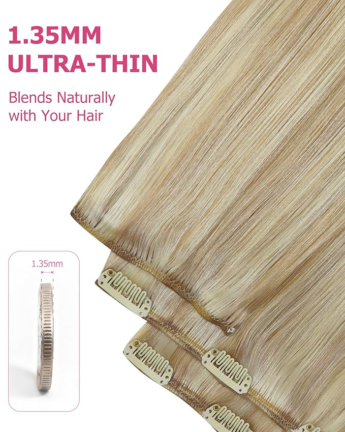 YoungSee 150G Blonde Clip in Hair Extensions Human Hair Highlight Clip in Hair Extensions Light Blonde Highlighted Golden Blond Clip ins Extensions Real Human Hair 22Inch 7Pcs