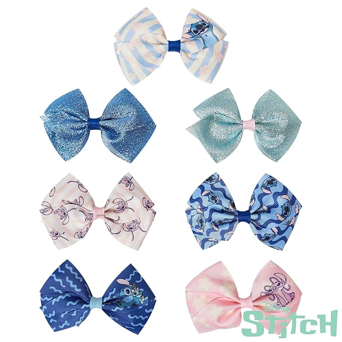 LUV HER Lilo & Stitch Licensed Girls Hair Bows - Themed Hair Accessories Gift Set, 7-Piece 4-Inch Bundle, Alligator Clips, Ages 3+