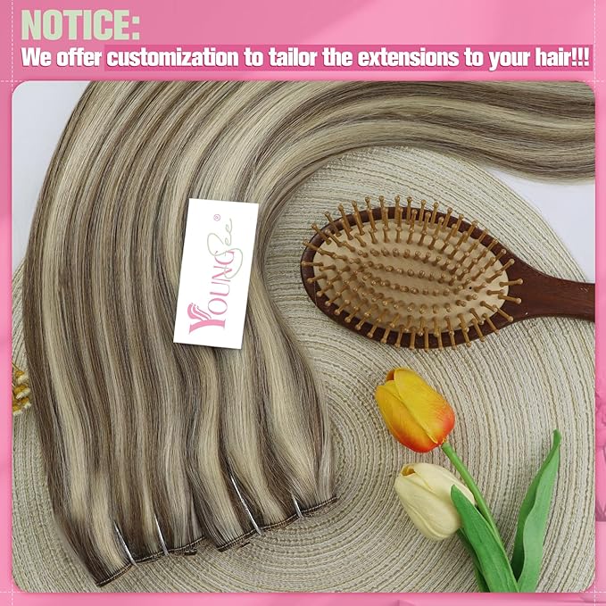 YoungSee Wire Hair Extensions Brown Blonde Invisible Wire Hair Extensions Human Hair Platinum Blonde with Light Brown Highlight Fish Line Hair Extension Real Human Hair 14 Inch 80g