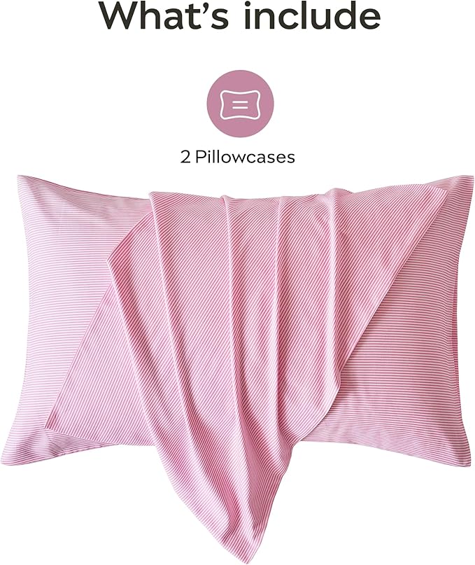 JELLYMONI 100% Natural Cotton Striped Standard Pillowcases Set, 2 Pack White and Thin Pink Striped Pattern Printed Pillow Covers with Envelope Closure(Pillows are not Included)