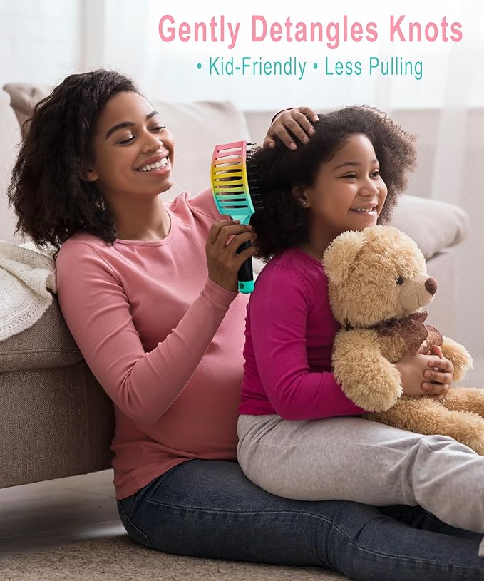 KTKUDY Detangling Brush Getting Knots Out without Pain - Boar Bristles HairBrush Make Hair Shiny & Healthier Vented Detangler Brush for Women Men Kids Wet and Dry Hair (Rainbow & Yellow-Purple)