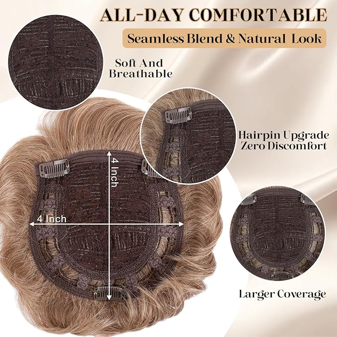 Short Hair Topper for Thinning Hair 4 Inch Short Pixie Cut Toppers Pieces Natural Curly Synthetic Wiglets Hairpieces (Brown mix Natural Blonde, 4 inch)