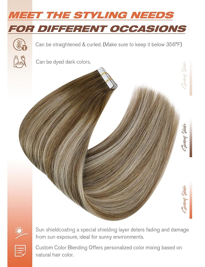 Sunny Hair Tape in Hair Extensions Real Human Hair Invisible Remy Hair Extensions Tape ins for Women Medium Brown Root to Platinum Blonde Balayage 24 inch 20Pcs 50G