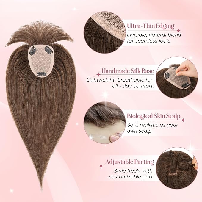 Real Human Hair Toppers for Women 3.54"*4.72" Silky Base 150% Density With Bangs Adjustable Parting Clip-In Topper Hairpieces for Women with Thinning Hair 16 Inches Dark Brown