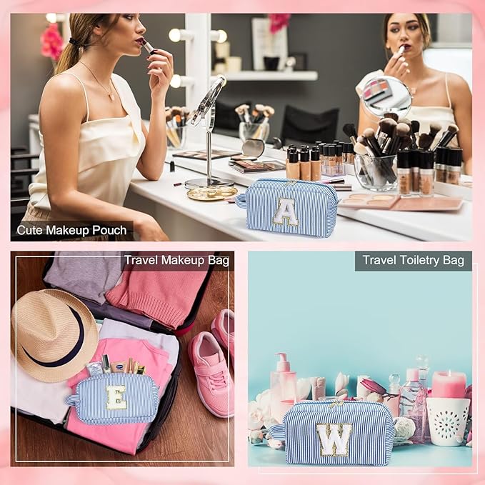 YOOLIFE Graduation Gifts for Girls Teen Girls - Monogrammed Initial Blue Makeup Bag, Graduation Party Favor, Personalized Preppy Stuff Dance Gifts for Teen Girls Kids, Birthday Gifts for Girls D