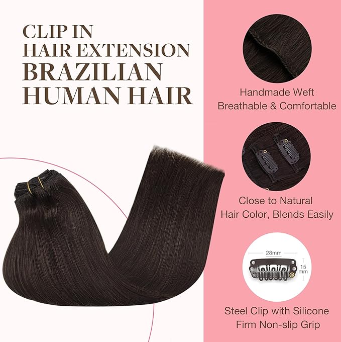 GOO GOO Clip in Hair Extensions Real Human Hair, Remy Human Hair Extensions Clip ins for Women, Natural Human Hair, 26inch 135g 7Pcs, 2A Light Brown
